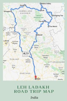 the map for leh ladah road trip in india