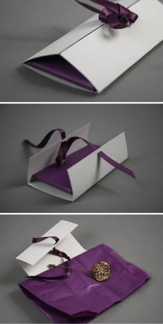 two different views of an open box with ribbon on the top and bottom, one in purple