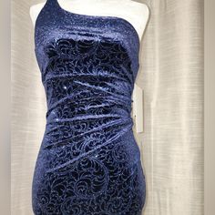 Brand New Love Nickie Lew- Navy Blue Sparkly One Shoulder Asymmetrical Dress, Jacquard Print, Velvet, Gathered Midsection, Size S, No Zipper Entry -Pullover Glamorous Blue Dress With Asymmetrical Neckline, Blue Sleeveless One Shoulder Evening Dress, Blue One-shoulder Dress With Asymmetrical Neckline For Party, Blue Asymmetrical One Shoulder Party Dress, Blue One Shoulder Dress For Party, Elegant Blue Mini One Shoulder Dress, Blue Fitted One-shoulder Dress For Night Out, Blue Fitted One Shoulder Dress For Night Out, Fitted Blue One-shoulder Dress For Night Out