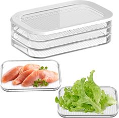 three plastic trays with food in them and some lettuce on the side