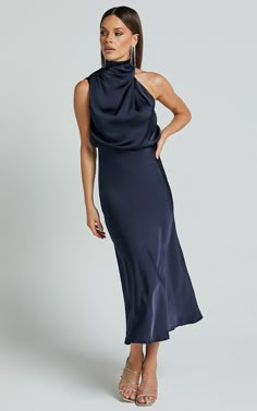 Minnie Midi Dress - Drape Neck Satin Slip Dress in Midnight Blue | Showpo USA Cocktail Dress Wedding Fall Classy Navy Blue, City Wedding Guest Outfit, Wedding Formal Attire Guest, Navy Blue Dress Outfit Wedding, Navy Blue Wedding Guest Dress, Womens Cocktail Attire, Navy Blue Dress Outfit, Midnight Blue Bridesmaid Dresses, Navy Blue Satin Dress