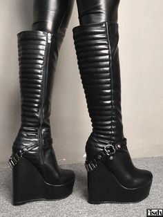 Fisdy - Stylish Womens Platform Knee-Length Boots with Wedge Heel - Perfect for Rave Parties and Clubs - Sleek Black Design Black Knee Length Boots, Black Wedge Boots, Knee Length Boots, Wedge Heel Boots, Shoes Drawing, Platform Wedge Heels, Black Wedge, Black Knees, Platform Wedge