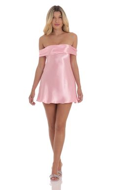 Satin Off Shoulder Dress in Pink | LUCY IN THE SKY Off-shoulder Satin Dress For Summer Nights, Summer Dresses With Satin Finish And Straight Neckline, Off-shoulder Satin Dress For Spring, Chic Off-shoulder Satin Dress For Spring, Spring Strapless Satin Slip Dress, Strapless Satin Slip Dress For Summer, Fitted Satin Dress With Tie Back For Spring, Feminine Satin Mini Dress For Spring, Satin Mini Dress For Brunch