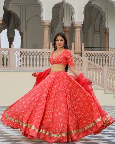 Rosy Red Lehenga Set - www.riafashions.com Long Lehenga, Sitara Work, Lehenga Suit, Red Lehenga, Flowers Fabric, Online Shopping India, Silk Dupatta, Coral Color, Lehenga Choli