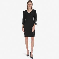 Show off your style in this Andrew Marc rolled long sleeve v-neck sheath dress. Click on this WOMEN'S GUIDE to find the perfect fit and more!Show off your style in this Andrew Marc rolled long sleeve v-neck sheath dress. Click on this WOMEN'S GUIDE to find the perfect fit and more!FEATURES V-neck Long sleeves Sheath silhouette Straight hem Hook-and-eye, zipper backFIT & SIZING True to size 37.25-in. length from shoulder to hem Mini length hits at the thighFABRIC & CARE Polyester, spandex Dry cle Dress Clothes For Women, Black Cream, Sheath Dress, Polyester Spandex, Your Style, Perfect Fit, Bodycon Dress, Dress Outfits, Size 2