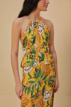 Yellow Biriba Sleeveless Midi Dress – FARM Rio Flora Patterns, Fruit Dress, Flora Pattern, Sleeveless Midi Dress, Lush Greenery, Farm Rio, Midi Dress Sleeveless, Halter Neckline, Cinched Waist