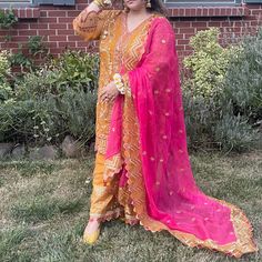 This Is A Yellow/Orange Mehndi Dress Hand Stitched Only Worn For 4 Hours No Rips Or Tears Comes With Plazzo Style Pants,Dubatta And Kameez Orange Mehndi Dress, Pink Combination Dress, Indian Mehndi, Combination Dresses, Mehndi Dress, Style Pants, 4 Hours, Yellow Orange, Xl Dress