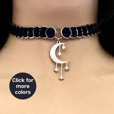 Embrace the celestial energies with this enchanting Ribbonmaille choker featuring a captivating crescent moon and stars design. Crafted to channel the magic within, it's a bewitching addition to your modern mystic ensemble, empowering you to shine brightly under the moonlit sky. THE NITTY-GRITTY: * Hypoallergenic * Will not tarnish * Two-sided 3/8" polyester/nylon ribbon * Aluminum Chainmail * Deceptively Lightweight * Lots of accent colors to choose from * 15mm stainless steel lobster claw clas Festival Choker With Moon Charm, Silver Festival Choker With Moon Charm, Adjustable Moon Charm Choker, Festival Moon Phase Choker Necklace, Adjustable Silver Mystical Choker, Adjustable Celestial Choker Jewelry, Silver Adjustable Moon Shaped Choker, Adjustable Silver Moon Shaped Choker, Crescent Moon Charm Choker