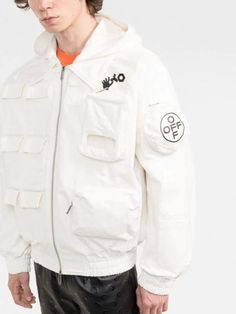 Defined by an all-over patch-pocket embellishment, this Off-White bomber jacket is crafted in a tonal cotton fabrication. The hooded design is decorated with a logo print at the arm and chest for a distinctly branded completion. Teenage Engineering, Hooded Jacket Men, Outer Wear, Men Clothing, Ecuador, Logo Print, Hooded Jacket, Patch Pocket