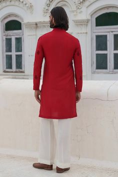 Red full sleeves kurta with damask beaded embroidery. Paired with an ivory trouser. - Aza Fashions Red Long Sleeve Salwar Kameez For Traditional Ceremonies, Traditional Formal Kurta With Embroidered Sleeves, Red Elegant Kurta For Traditional Ceremonies, Elegant Red Kurta For Traditional Ceremonies, Red Long Sleeve Kurta For Traditional Ceremonies, Red Kurta With Intricate Embroidery For Traditional Ceremonies, Red Straight Kurta For Traditional Ceremonies, Red Dabka Traditional Wear For Ceremonial, Ceremonial Red Traditional Wear With Dabka