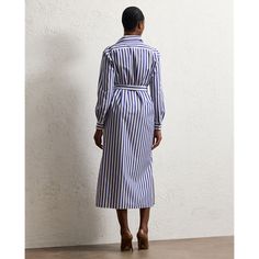 Adapted from classic shirting and inspired by our Resort 2023 Ysabella dress the Vicki revamps Ralph Lauren’s signature shirtdress for the season with slits at the side seams for ease of movement and a self-belt for versatile styling. Cut for a straight slightly relaxed boxy fit this calf-grazing dress is woven with ultrafine cotton threads and is yarn-dyed with classic stripes. Ralph Lauren Shirt Dress For Summer Daywear, Ralph Lauren Summer Shirt Dress For Daywear, Chic Midi-length Ralph Lauren Dress, Ralph Lauren Shirt Dress For Spring, Ralph Lauren Summer Dresses For Work, Chic Ralph Lauren Workwear Dresses, Chic Ralph Lauren Dresses For Workwear, Chic Ralph Lauren Dresses For Work, Elegant Cotton Dress With Spread Collar