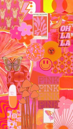 a collage of pink, orange and yellow items with butterflies on them is featured in this image