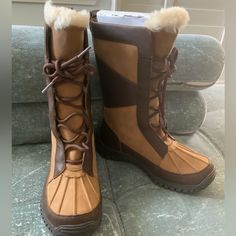 1 1/2" Heel (Size 85) 10" Boot Shaft; 14" - 15 3/4" Calf Circumference Lace-Up Style Temperature Rated To -20c Foam-Cushioned Footbed Channeled Treads For Traction Leather Upper/100% Uggpure Wool Lining/Vibram Sole Imported Brown Waterproof Boots For Fall, Brown Medium Width Waterproof Boots For Fall, Brown Outdoor Boots With Medium Width, Brown Boots For Outdoor, Medium Width Fit, Brown Medium Width Boots For Outdoor, Chestnut Boots, Shoes Ugg, Amazon Sale, Womens Uggs