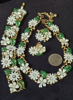 1970 Vintage Minnie Mouse Green Clothing Necklace, Formal White Enamel Jewelry, White Enamel Jewelry For Formal Occasions, Formal Green Enamel Jewelry, Floral Enamel Wedding Jewelry, Green Enamel Wedding Jewelry, Green Enamel Jewelry For Wedding, Collectible Enamel Jewelry With Matching Earrings, White Enamel Jewelry For Anniversary