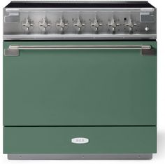 a green stove with four burners and two oven doors on each side, in front of a white background