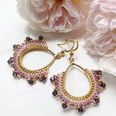 Purple Lilac Gold Beads Dangle Earrings, Chic Dangle Beads Hoop Fashion Boho Jewellery, Gifts for Her. - Etsy Bohemian Purple Hoop Earrings, Bohemian Pink Wire Wrapped Beaded Earrings, Purple Bohemian Hoop Earrings, Handmade Purple Hoop Earrings, Purple Bohemian Hoop Earrings For Gift, Handmade Small Hoop Gold Crystal Earrings, Handmade Gold Beaded Hoop Earrings, Handmade Gold Small Hoop Crystal Earrings, Purple Bohemian Round Hoop Earrings