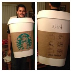 a man is holding up a cardboard cup with writing on it