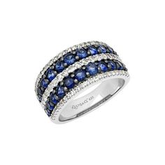 a white gold ring with blue sapphires and diamonds on the sides, set in 18k white gold