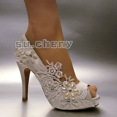 Find many great new & used options and get the best deals for su.cheny 3" 4" heel satin white ivory lace pearls peep toe Wedding Bridal shoes at the best online prices at eBay! Free shipping for many products! Peep Toe Wedding Shoes, Sparkly Wedding Shoes, Unique Wedding Shoes, Brides Shoes, Designer Wedding Shoes, Shoes Bride, Bridal Flats, Wedding Shoes Lace, Wedding Shoes Bride