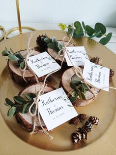 place cards are tied with twine and placed on wood slices