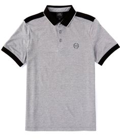 From Armani Exchange, this shirt features:Polo collar3-button placketShort sleevesContrasting details on the collar, shoulders, and cuffsSmall AX logo at left chestpullover constructionCottonMachine wash/tumble dryImported. Spring Casual Polo Shirt With Contrast Collar, Casual Short Sleeve Shirt With Contrast Collar, Gray Polo Collar Shirt For Summer, Fitted Polo Shirt With Short Sleeves, Cotton Shirt With Contrast Collar And Short Sleeves, Casual Summer Shirt With Contrast Collar, Spring Short Sleeve Polo Shirt, Classic Short Sleeve Shirt With Contrast Collar, Casual Fitted Shirt With Contrast Collar