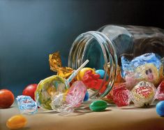 an oil painting of candy in a glass jar