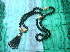 Opulent Ebony Glass Beaded Sautoir Necklace c 1980s Elegant Hand-strung Beads For Party, Elegant Hand-strung Beaded Necklaces For Party, Elegant Hand-strung Long Bead Necklace, Elegant Long Hand-strung Bead Necklace, Necklace C, Flower Spray, Rare Crystal, Elegant Art, Gorgeous Bags