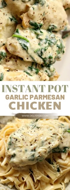 chicken alfredo with spinach and parmesan sauce on top