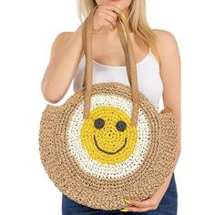 Smiley Happy Face Round Straw Beach Tote Bag Nwt Make A Splash With This Adorable Round Smiley Face Tote! It Will Brighten Your Day At The Pool, Lake, Shopping, Running Errands And More. Woven Tan Rattan Paper Straw In A Round Shape Yellow, White And Black Happy Face Details On The Front 1 Zipper Closure Main Compartment, Lined Interior With 1 Inner Pocket Faux Leather Trim Double Handles -Lining: 100% Polyester Nwt Summer, Beach, Pool, Travel, Festive, Festival, Travel, Cruise, Circle Casual Yellow Beach Bag, Yellow Casual Straw Bag For Beach Season, Casual Yellow Shoulder Bag For Beach Season, Trendy Yellow Beach Bag With Large Capacity, Trendy Yellow Large Capacity Beach Bag, Trendy Yellow Straw Bag For Beach Season, Trendy Large Capacity Yellow Beach Bag, Yellow Large Capacity Beach Bag For Summer, Large Capacity Yellow Beach Bag For Summer