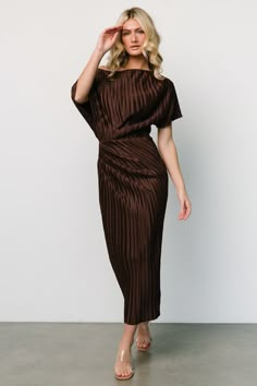 Brown Bridesmaid Dresses, Baltic Born, Fall Wedding Guest Dress, Guest Attire, Wedding Attire Guest, Cocktail Attire, Shower Dresses, Pleated Midi Dress, Lined Skirt