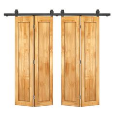 an open wooden door with two black handles on the top and bottom bars in front of it