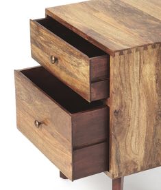 a wooden desk with two drawers on one side and an open drawer on the other