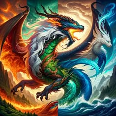 a painting of a dragon with fire and water on it's wings, flying through the