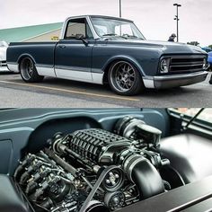 two pictures of an old truck with the engine in it's center