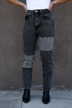 Love this throwback style of the eighties. These feature a patchwork of various black and grey acid washed print. in high rise, Mom jean fit. 100% Cotton Upcycling Jeans Ideas, Patchwork Jeans Outfit, Jeans Repair, 80s Mom, Mom Jean Fits, Jean Fit, The Eighties, Black Jeans Outfit, Black Patch