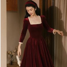 Color: Wine Red, size: M Purple Clothing, Retro Crafts, Velvet Sleeve, Ear Style, Purple Outfits, Winter Fabric, Gold Velvet, Style Basic, Types Of Skirts