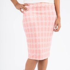 This Is A Pencil Skirt By Agnes & Dora. It Is Coral/Salmon (A Bit Brighter Than The Photo Shows) With A White Plaid Design. It Is Knee-Length, And Has A Wide Waist-Band. 94% Polyester 6% Spandex Feminine Mini Pencil Skirt For Spring, Feminine Spring Mini Pencil Skirt, Spring Feminine Mini Pencil Skirt, High Waist Pink Pencil Skirt With Lining, Pink High Waist Lined Pencil Skirt, Pink Lined Mini Pencil Skirt, Pink Mini Lined Pencil Skirt, High Waist Pink Pencil Skirt For Spring, Spring High Waist Pink Pencil Skirt