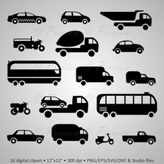 various types of cars and trucks silhouettes