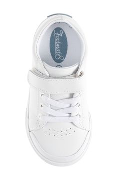 Perfect for school or playtime, this sneaker has arch support and a roomy toe box to keep little feet comfy, plus a hook-and-loop strap for easy on and off. Leather upper/textile lining/rubber sole Imported Low-top Velcro Sneakers In Synthetic Material, Low-top Synthetic Sneakers With Hook And Loop Closure, Sporty Scratch-resistant Closed Toe Sneakers, Sporty Scratch-resistant Closed-toe Sneakers, Leather Low-top Scratch-resistant Sneakers, Low-top Leather Sneakers Scratch-resistant, Casual Scratch-resistant Closed Toe Sneakers, Non-slip Lace-up Sneakers For School, School Sneakers Scratch-resistant Synthetic