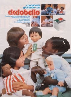 an advertisement for dolls from the 1970's shows children playing and laughing together on a park bench