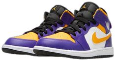 High-top Sneakers For Sports Events, High-top Sneakers With Laces For Sports Events, High-top Jordan Shoes For Sports, Mid-top Jordan Shoes For Sports Events, Purple High-top Sneakers For Training, Yellow High-top Sneakers For Sports Events, Team-colored Sneakers With Round Toe For Sports, Mid-top Basketball Shoes With Branded Insole, Casual Purple Basketball Shoes For Training