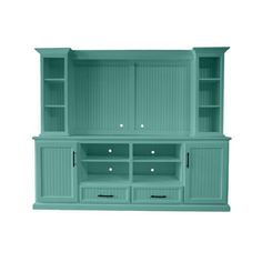 a green entertainment center with drawers and cupboards on the bottom, in front of a white background