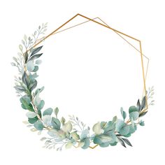 a watercolor wreath with eucalyptus leaves and gold geometric frame