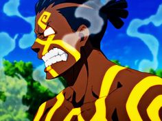 an anime character with his face painted yellow and black, standing in front of trees