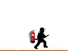 a fire extinguisher is silhouetted against a white wall with wood flooring