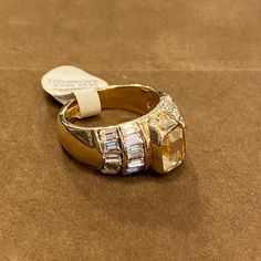 Ship from uk  Mint condition Size: EU | 57 UK | P 1/2 US | 8 Gold Oval Crystal Ring For Formal Occasions, Formal Gold Topaz Ring With Diamond Accents, Gold Topaz Ring With Diamond Accents, Vintage Gold Plated Rings, Formal Gold Topaz Diamond Ring, Gold Diamond Topaz Ring For Formal Events, Gold Diamond Topaz Ring For Formal Occasions, Formal Gold Baguette Cut Ring, Classic Gold Diamond Crystal Ring