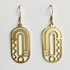 Temporarily out of stock. Welcome! Art Deco style geometric earrings. Made from brass.  - Earrings hangs from a hypoallergenic stainless steel French earring wire.  - Zinc, nickel and lead free.  - Measures 3cm x1.5cm  I hope you enjoy my mini pieces of artwork and appreciate the work that goes into each creation.  Comes with a linen pouch to preserve the brass. Made in Melbourne, Australia. Jen ☘️ Geometric Metal Earrings With Ear Wire, Geometric Brass Earrings For Gift, Geometric Metal Earrings For Everyday, Handmade Geometric Gold Earrings, Nickel-free Geometric Brass Earrings, Gold Geometric Brass Jewelry, Modern Gold Geometric Earrings, Modern Geometric Gold Earrings, Gold Geometric Earrings For Everyday