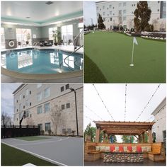 four different shots of an indoor swimming pool and tennis court with lounge chairs in the foreground