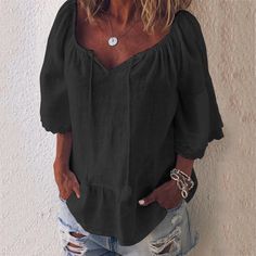 Big V-neck Loose Short Sleeves T-shirt Casual Solid Color Linen Tops, Black Summer Tops For Casual Wear, Black Summer Tops For Casual Gatherings, Casual Black Blouse For Vacation, Black Casual Blouse For Vacation, Trendy Linen V-neck Top, Hip Clothes, Half Sleeve Blouse, Loose Shorts