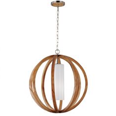 a wooden light fixture hanging from a chain on an isolated white background with a circular design in the center